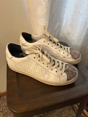 P448 White Leather Sneakers with Beige Leopard Toe